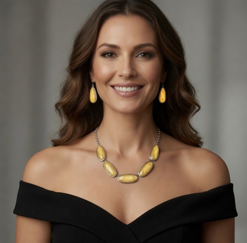 MIXIT Chunky Statement Necklace Earrings Set Yellow Silver Costume Jewelry NWT